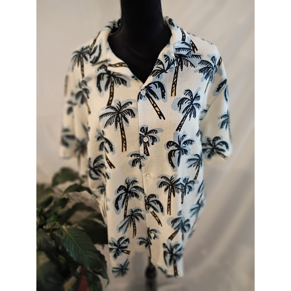 Malibu by Drill Clothing Co Mens XL Palm Tree Tropical Button Down Shirt White